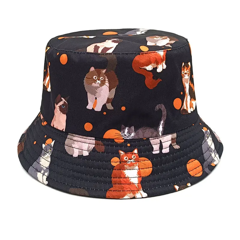 2024 Four Seasons Polyester Cartoon Cat Print Bucket Hat Fisherman Hat Outdoor Travel Sun Cap For Men And Women 05