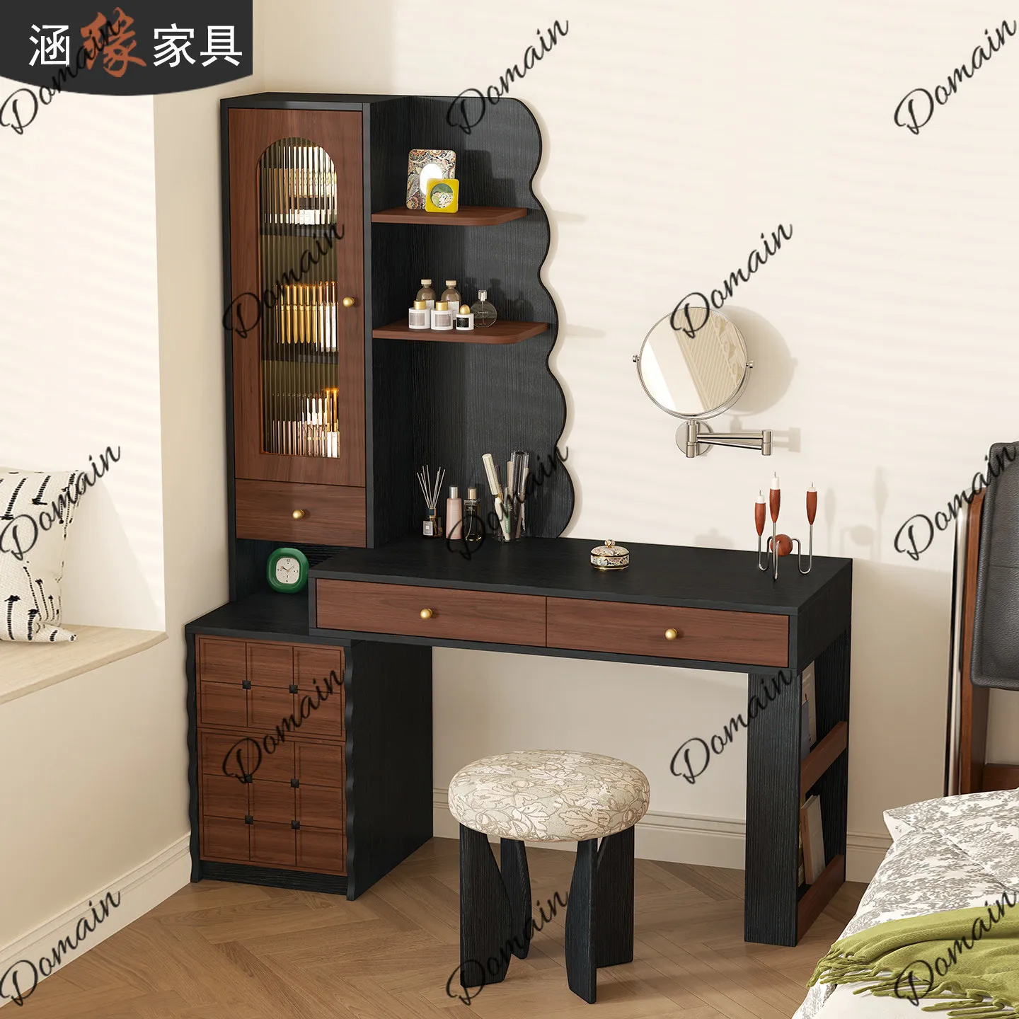 Solid wood vanity desk, integrated desk, bedroom bedside table, vintage makeup small apartment computer desk