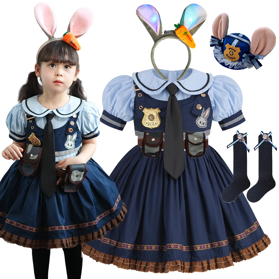 

Zoo Rabbit Police Officer Judy Cosplay Toddler Costumes Girls Role Play Halloween Carnival Party Outfits Kids Performance Dress