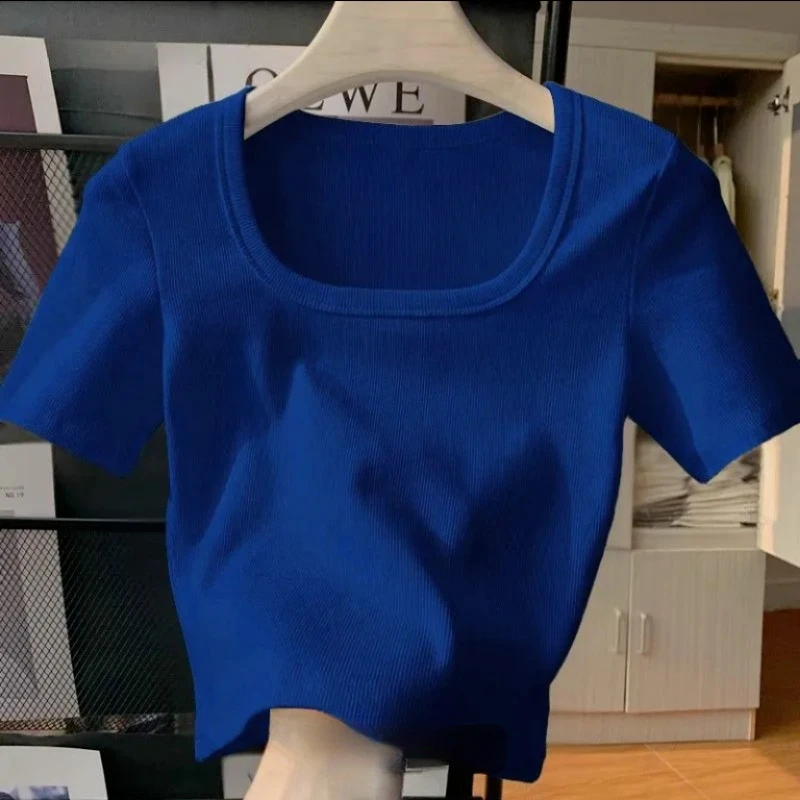 الصيف تي شيرت المرأة بسيطة المسمار Thred ساحة طوق قصيرة الأكمام الصيف سليم القمم الصلبة بسيطة كل مباراة الأساسية مريحة المحاصيل تيز