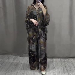 Retro Marble Print Loose Women Outfit Spring V Neck Button Blouse Shirt & Pleated Pants 2pcs Autumn Long Sleeve Female Suits Set