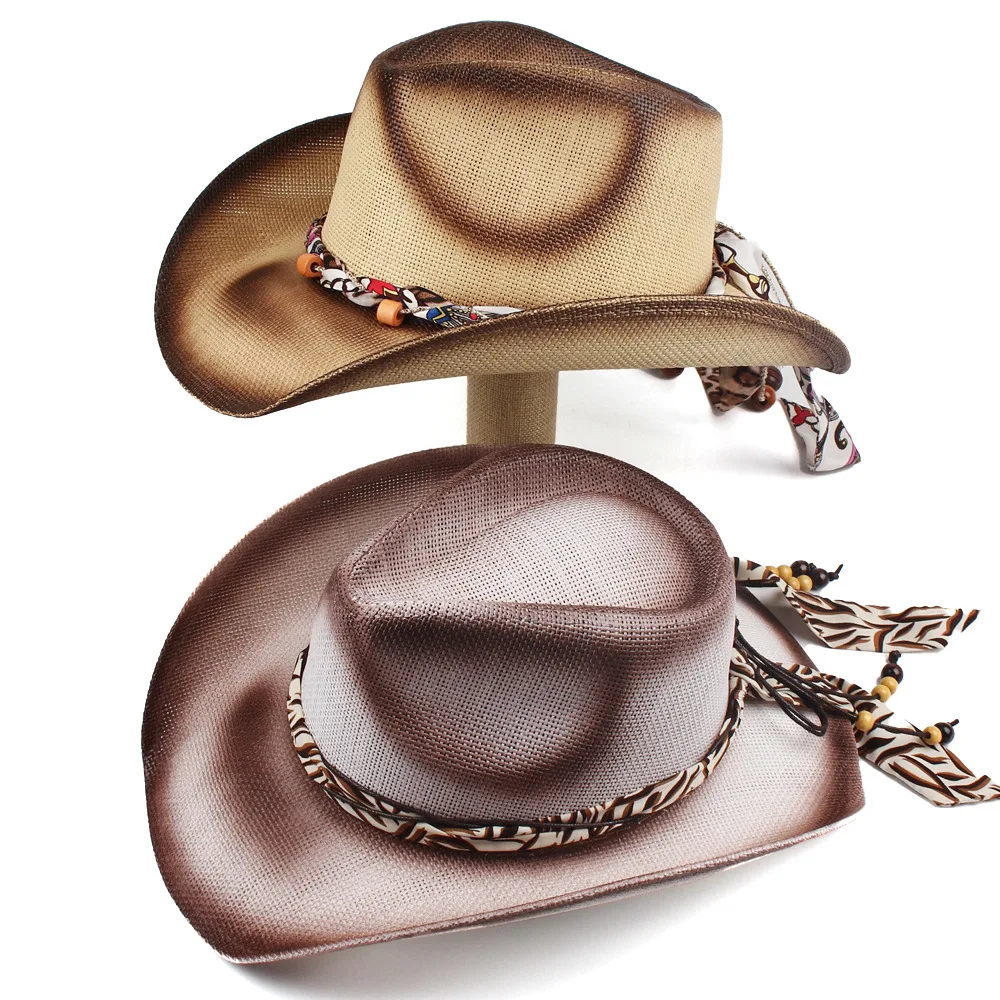 Unisex Bohemian-style Curved Brim Spray-painted Straw Hat With Unique Patterns And Ribbons, Cowboy Hat, Sun Hat