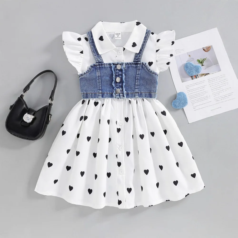 New Arrival 3-7YGirls 2 Piece Set European Style Polka Dot Flutter Sleeve Shirt Dress Frayed Denim Cami Vest Outfit for100-130cm