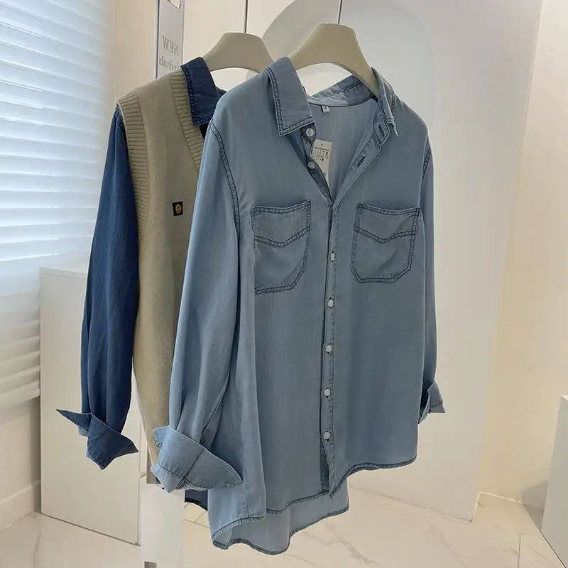 Soft Cotton Vintage Denim Shirt for Women 2026 Spring and Autumn, Slouchy and Slim-fitting Mid-length Double Pockets Layered