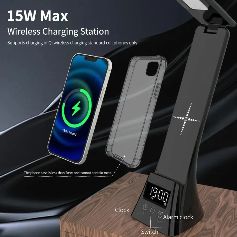 15W Wireless Charger Stand LED Desk Table Lamp With Alarm Clock 3 Colors Dimmable Desk Light Fast Charging Station for iPhone