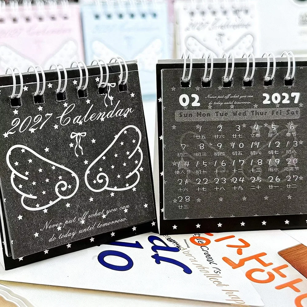 Paper Tabletop Calendar Spiral Bound Standing Mini Desk Calendar Angel Wing Pattern 2626-12- 2027-12 Flip Calendar