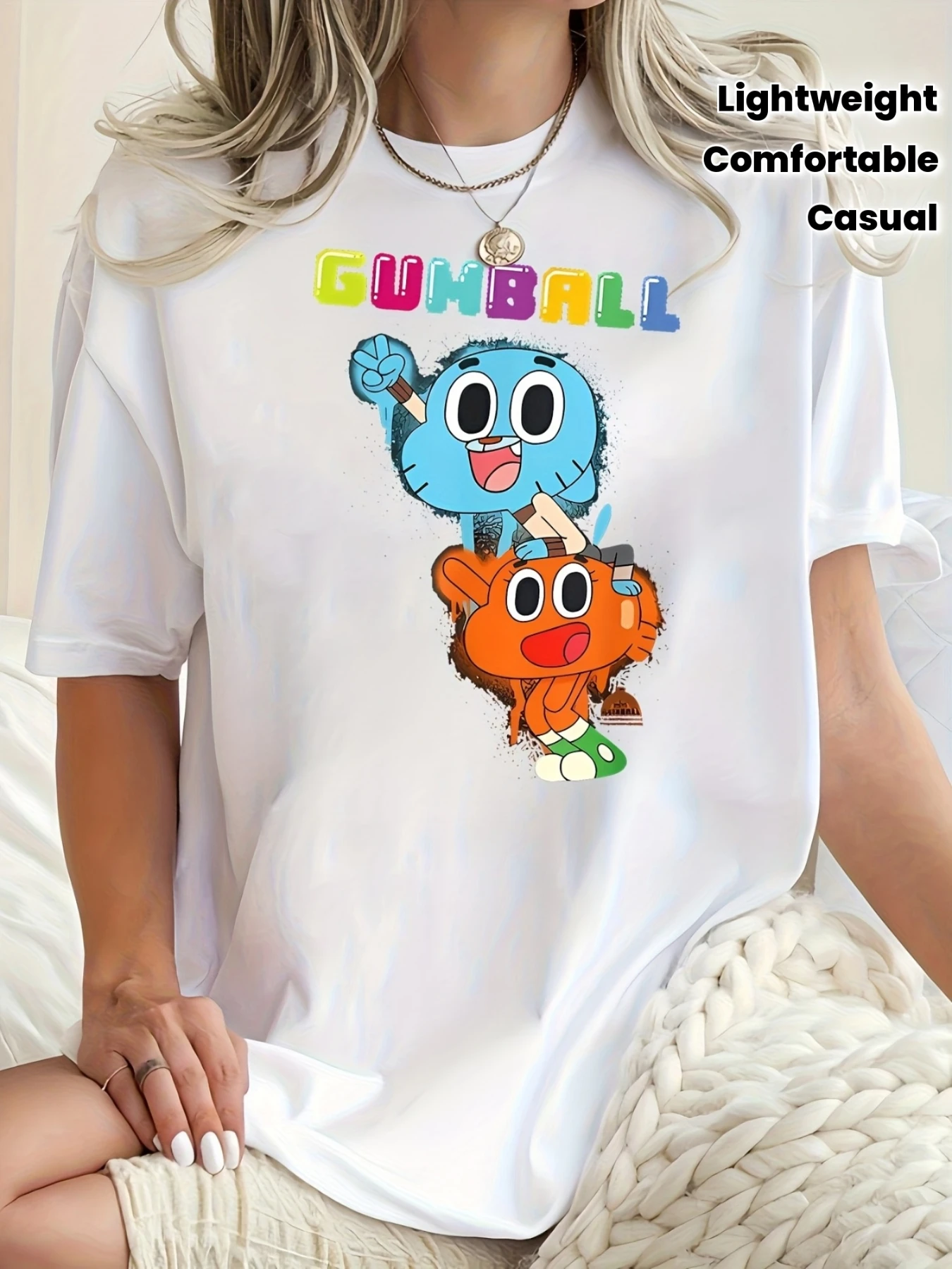 

Женская повседневная футболка с круглым вырезом и яркой графикой Gumball — с коротким рукавом, весенне-летний топ, легкий и удобный