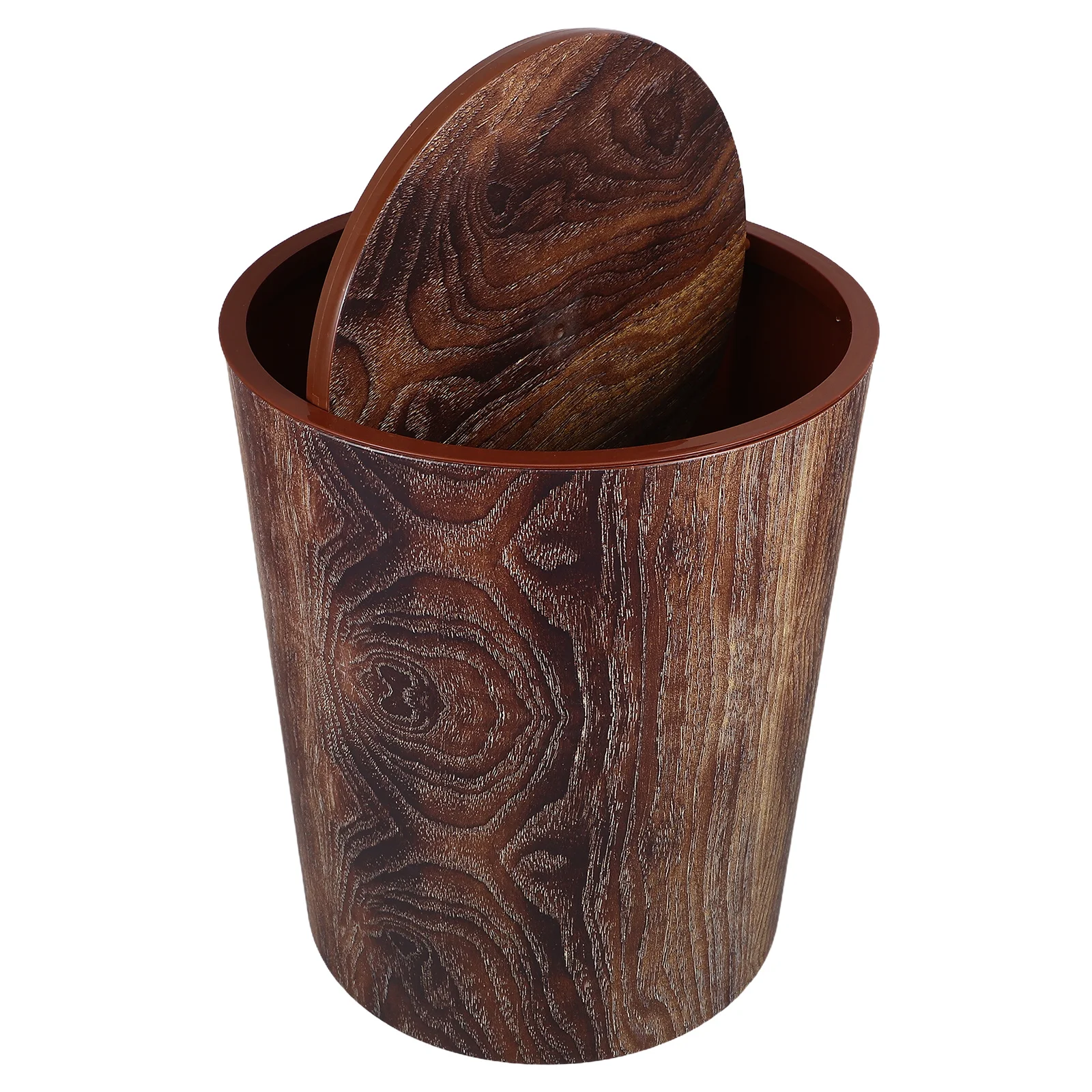 

Stylish Compact Imitation Wood Trash Can Rotating Lid Bathroom Garbage Bin Home Office Hotel Kitchen Waste Basket