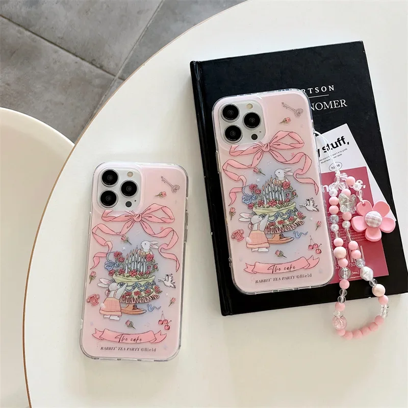 Ins Bow Cake Bunny  Phone Case for IPhone 15 14 Plus 14 13 12 11 Pro Max with Chain Silicon Clear Cute Protective Cover