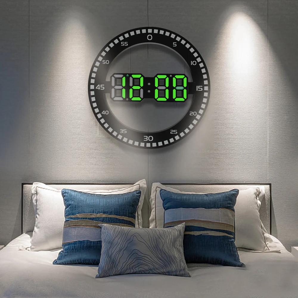 LED Wall Clock Temperature Thermometer for Living Room Home Decoration Alarm with Calendar Silent 3D Digital Circular Luminous