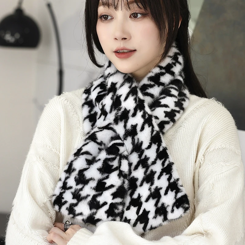 

Besfilin 2025 Real Mink Fur Scarf for Women Leopard Pattern Thousand Bird Grid Double Sided Fashion Warm Autumn Winter Accessory