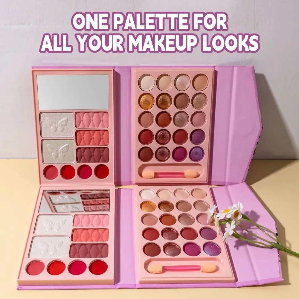 

All in One Travel Makeup Palette Kit with Makeup Mirror Pearlescent Multi-color Eyeshadow Pallet Highlight Blush