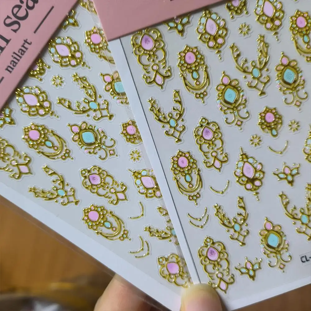 1Pcs 5D Gold Baroque Scepter Nail Stickers Pink Green Luxury Gemstone Nail Decals Self-Adhesive Retro Nail Art Decoration Slider
