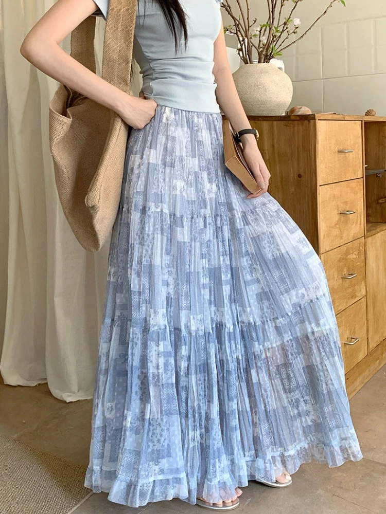 Falda plisada arrugada para mujer, falda transparente coreana informal, falda larga maxi de cintura alta, falda de tul, conjunto de falda plisada.