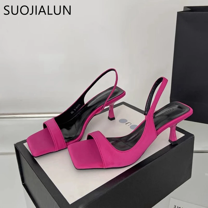 SUOJIALUN 2024 Summer New Brand Women Sandal Fashion Square Toe Shallow Ladies Elegant Slides Thin High Heel Outdoor Dress Pumps