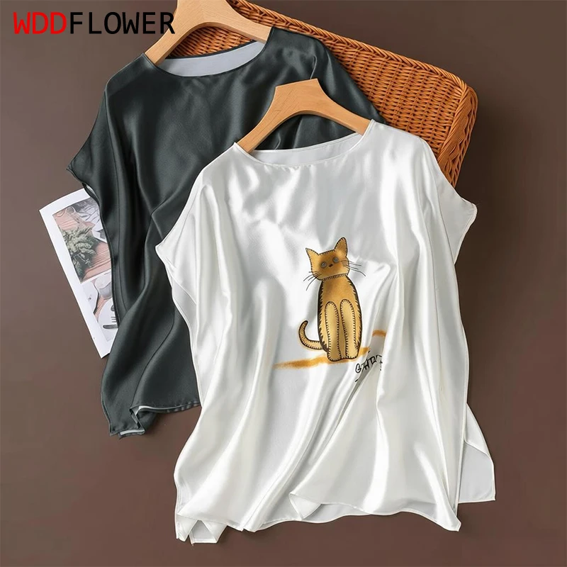 

93% Mulberry Silk 7% Spandex Loose White Cute Cat Printed Cap Sleeve Women Silk Shirt Casual Top Blouse Pullover Summer M1619