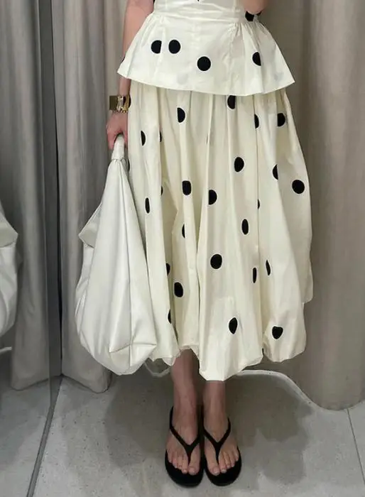 Polka Dot Mini Dress Retro A Line Puff Sleeve Waist Cinching Party Style for Women - White Skirt