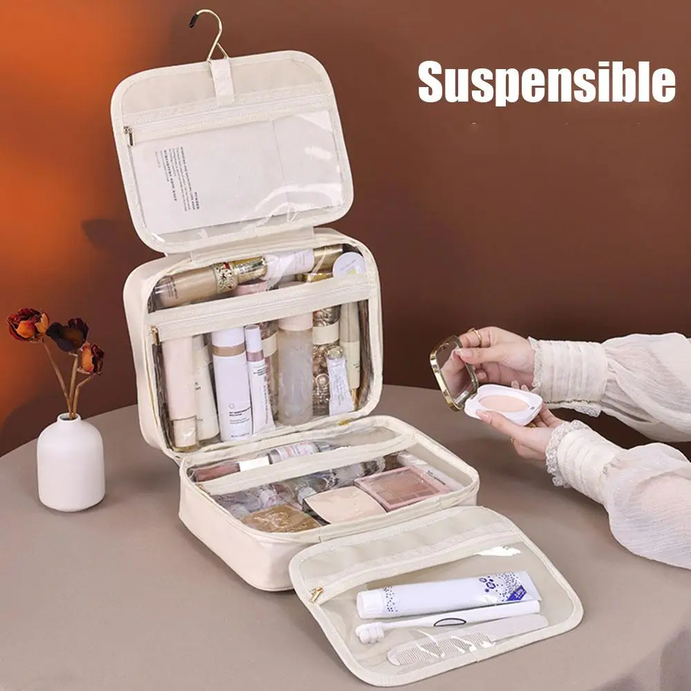 Travel Toiletry Storage Bag Portable Toiletry Bag Makeup Bag Hanging Cosmetic Pouch Multi-layer Large Capacity PU Organizer