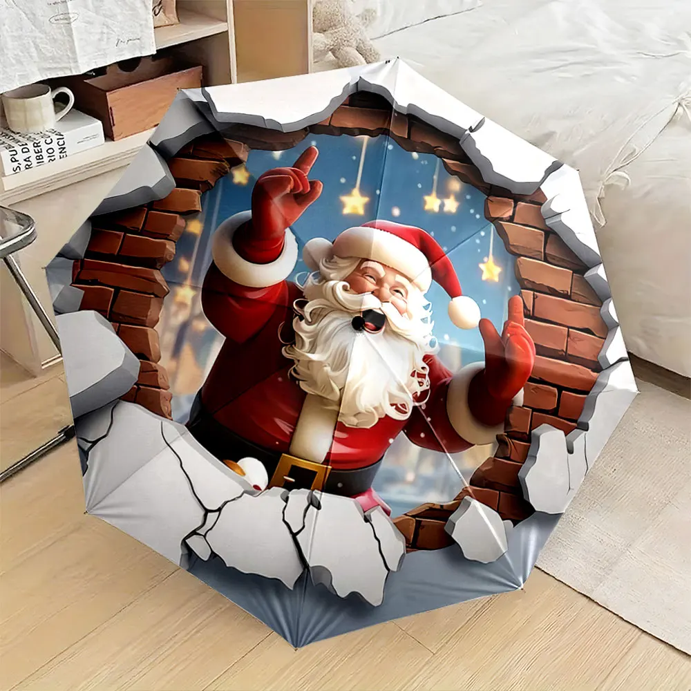 Santa Claus Cheerful Brick Wall Christmas Design Umbrella portable waterproof sun rain umbrella for outdoor travel beach