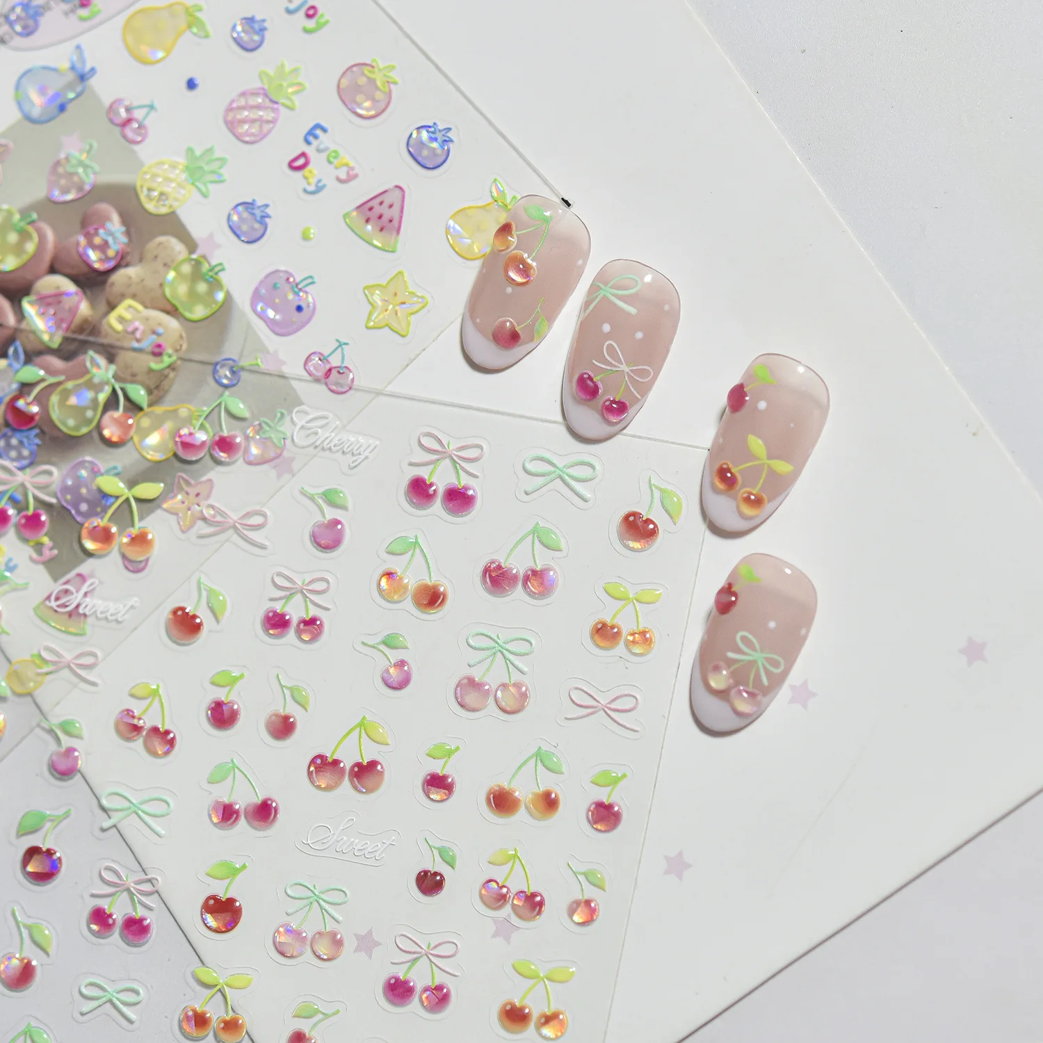 Clear Jelly Fruit Nail Decals 5D Transparent Twin Red Cherry Matching Bow Gloss Jelly Stickers Lovely Romantic Nail Accessories