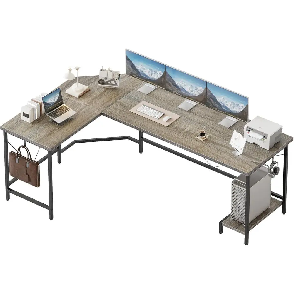 

Большой угловой компьютерный стол 66 дюймов, простой игровой стол с подставкой для системного блока и крючками, для дома, спальни и офиса, серый