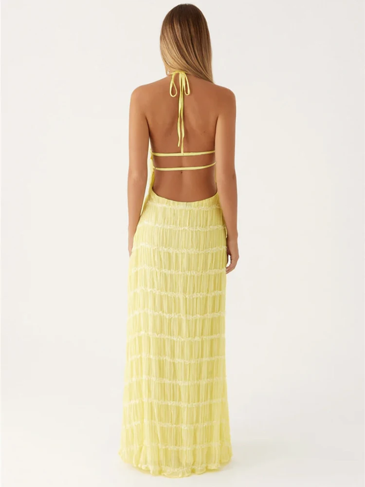 Mozision Halter Backless Sexy Maxi Dress For Women Spring Summer New Lace-up Sleeveless Pleated Beach Holiday Long Dress Elegant