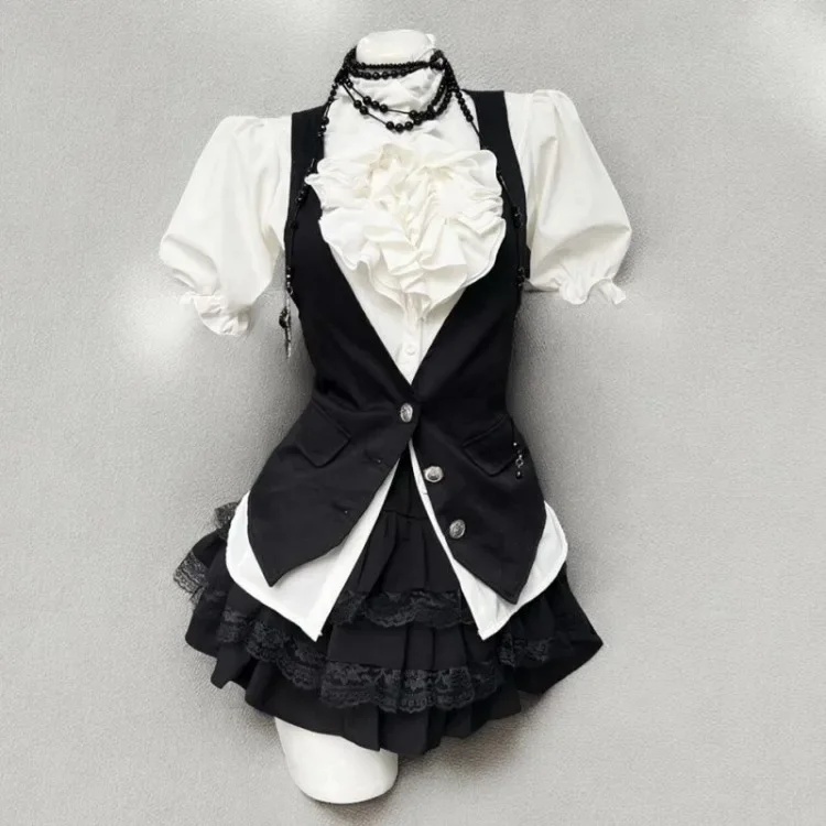 Y2k – chemise à manches bouffantes à volants pour femmes, gilet ajusté noir + jupes gâteau taille haute, ensembles trois pièces, nouvelle collection été 2025