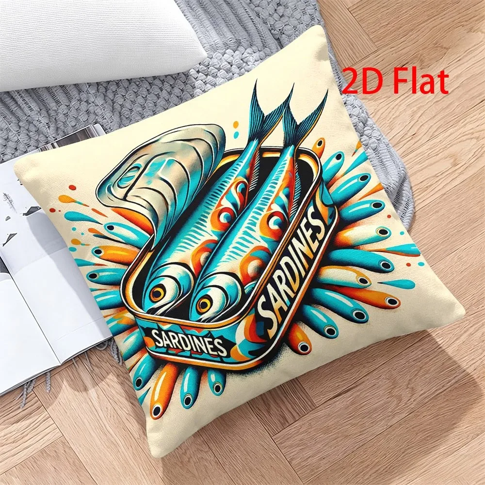 Vintage Sardines Fish Pillowcase, Retro Seafood Art Cushion Cover, Colorful Marine Life Home Decor, Square Throw Pillow Case
