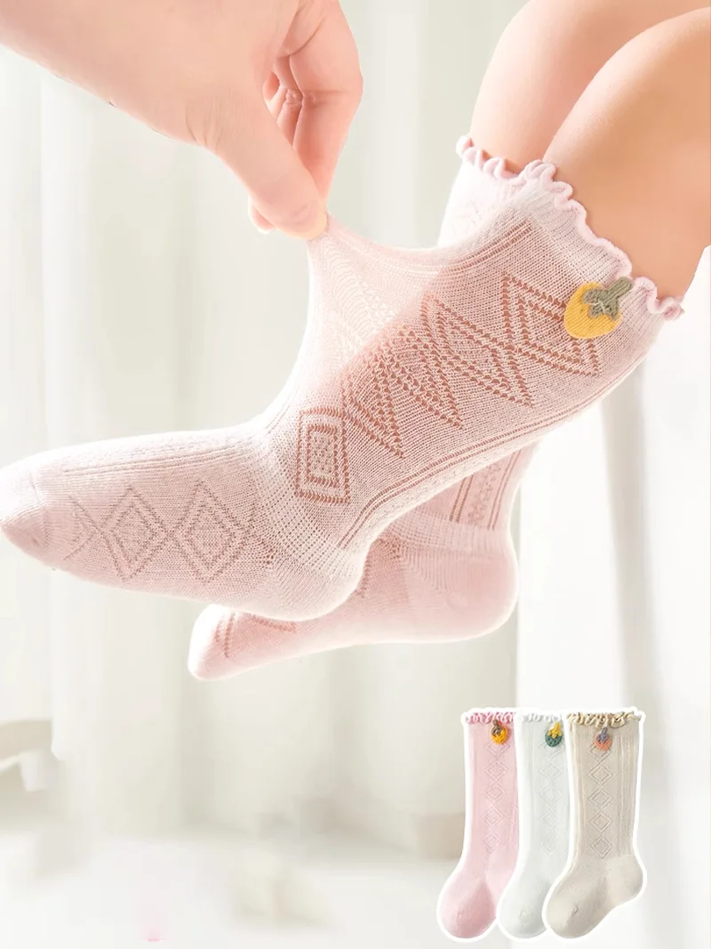 

3 Pairs Soft Cotton Baby Toddler Stockings Solid Color Cartoon-Printed Thin Breathable Children's Long Socks 0-12 Months Summer