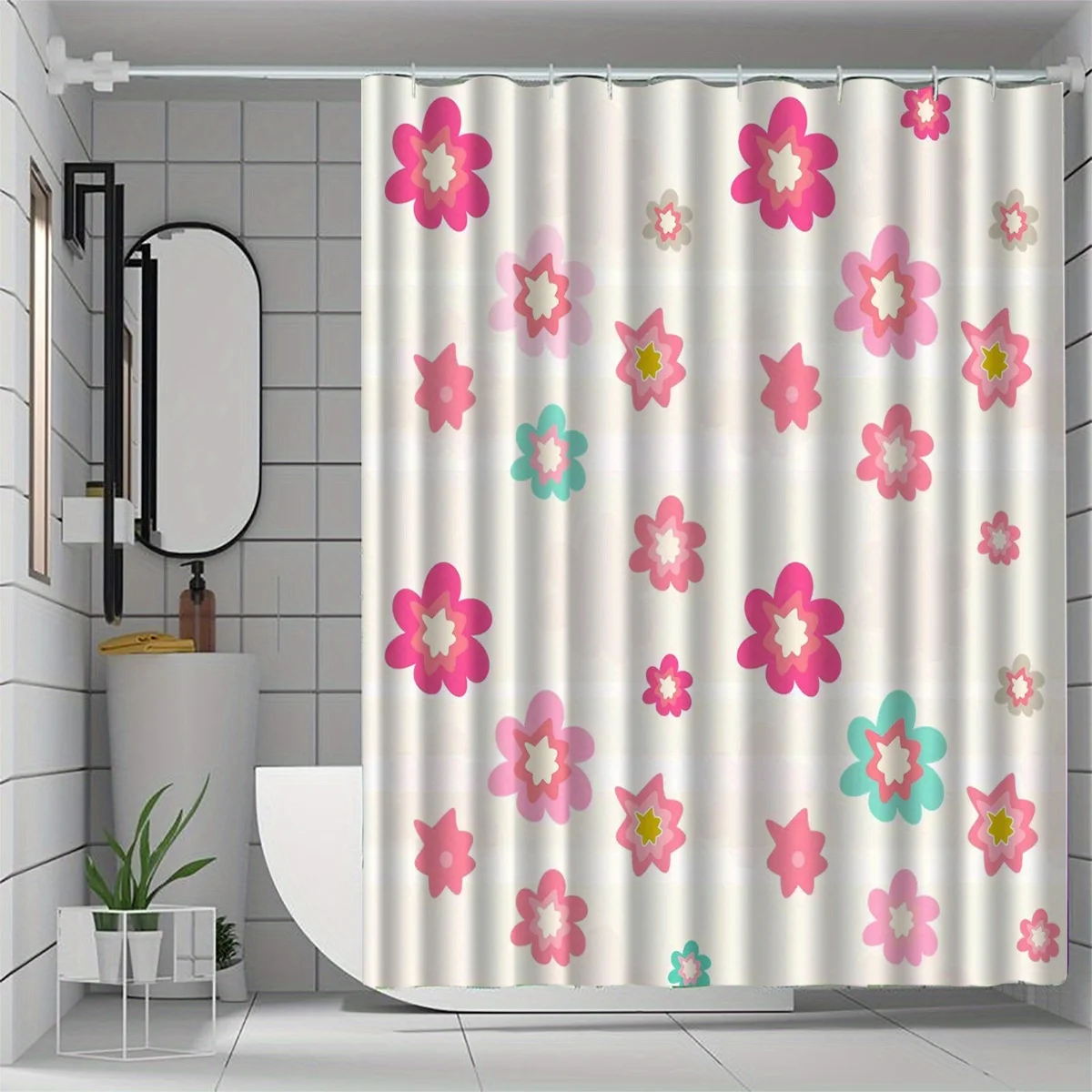 Cute Floral Shower Curtain, Soft Pastel Pink Spring Flower Art Design Warm Joyful Cheerful Household Bathroom Use Case At Home