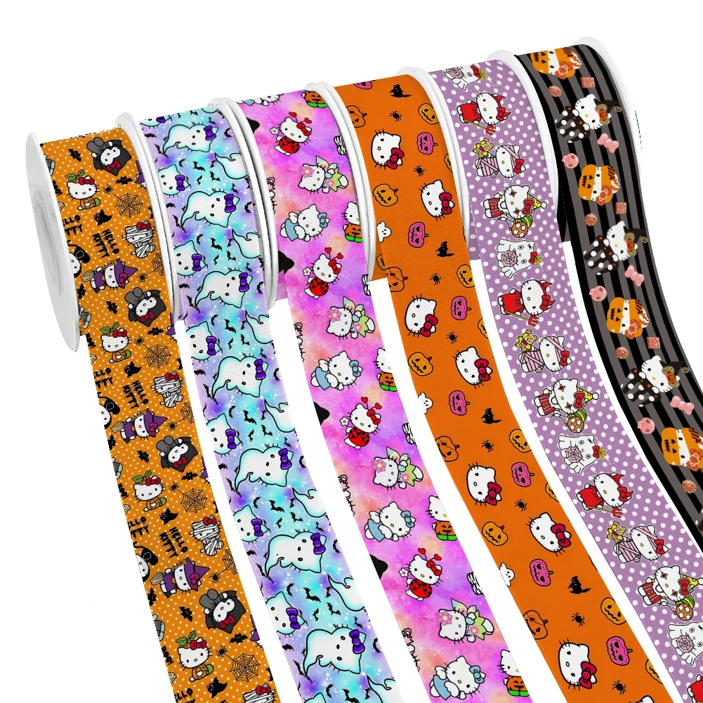 Hello Kitty Printed Sanrio Halloween Grosgrain Satin Ribbon For Hair Bows Headwear Cartoon Ribbons 10 Yards