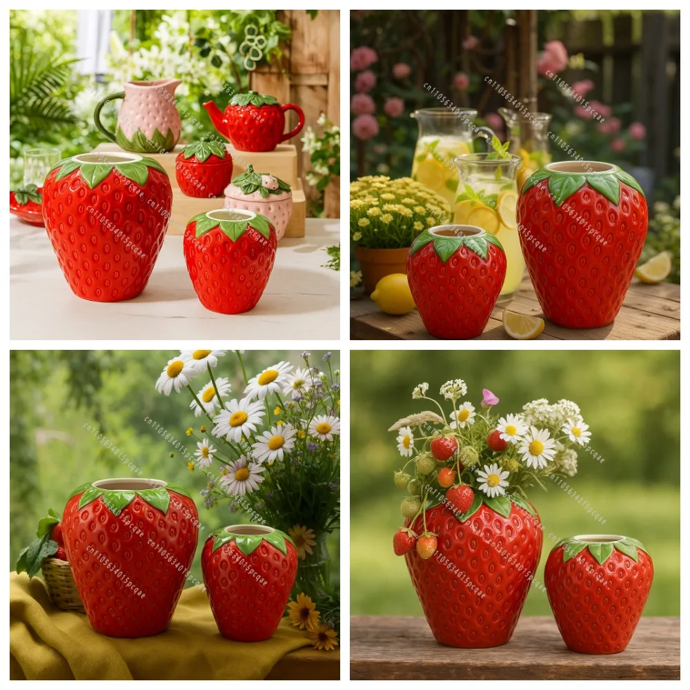 Cute Pet Strawberry Fruit Shaped Ceramic Vase and Pot Ornament for Soft Decor