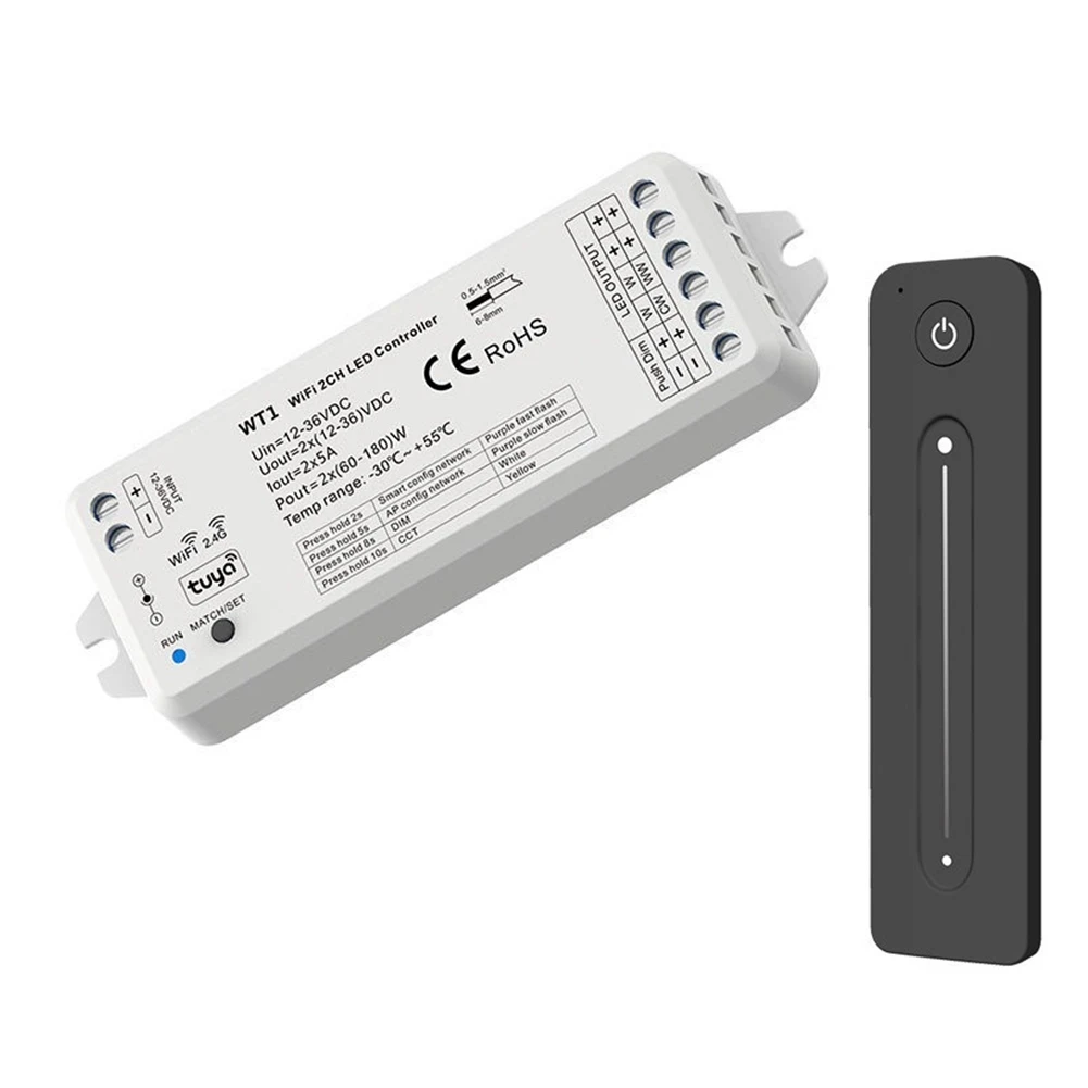 Tuya LED Dimmer 12-36V 2CH with 2.4G RF Wireless Remote Control LED Strip Controller for Single Color LED Strip