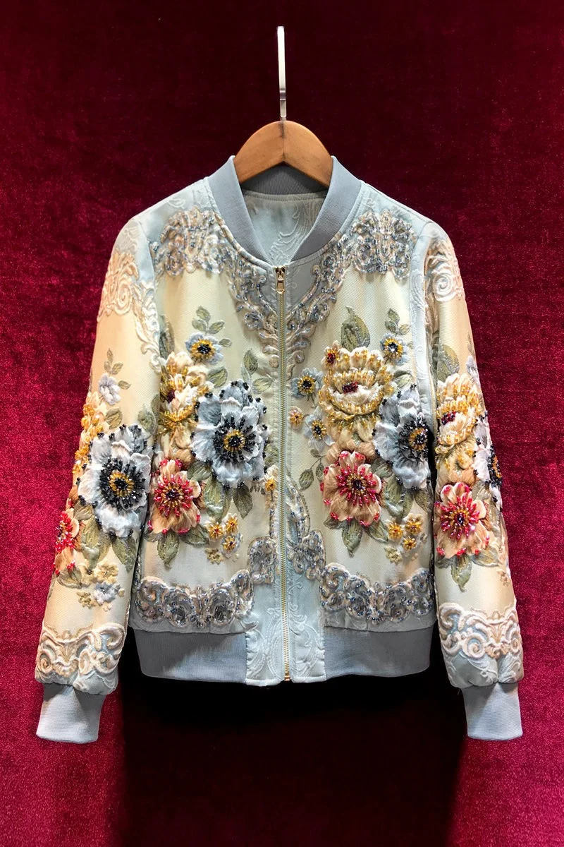 

Autumn Winter Jacket Women Luxury Beaded Jacquard Embroidered Short Baseball Coat Fashion Dopamine Style Elegant Outerwear Tops