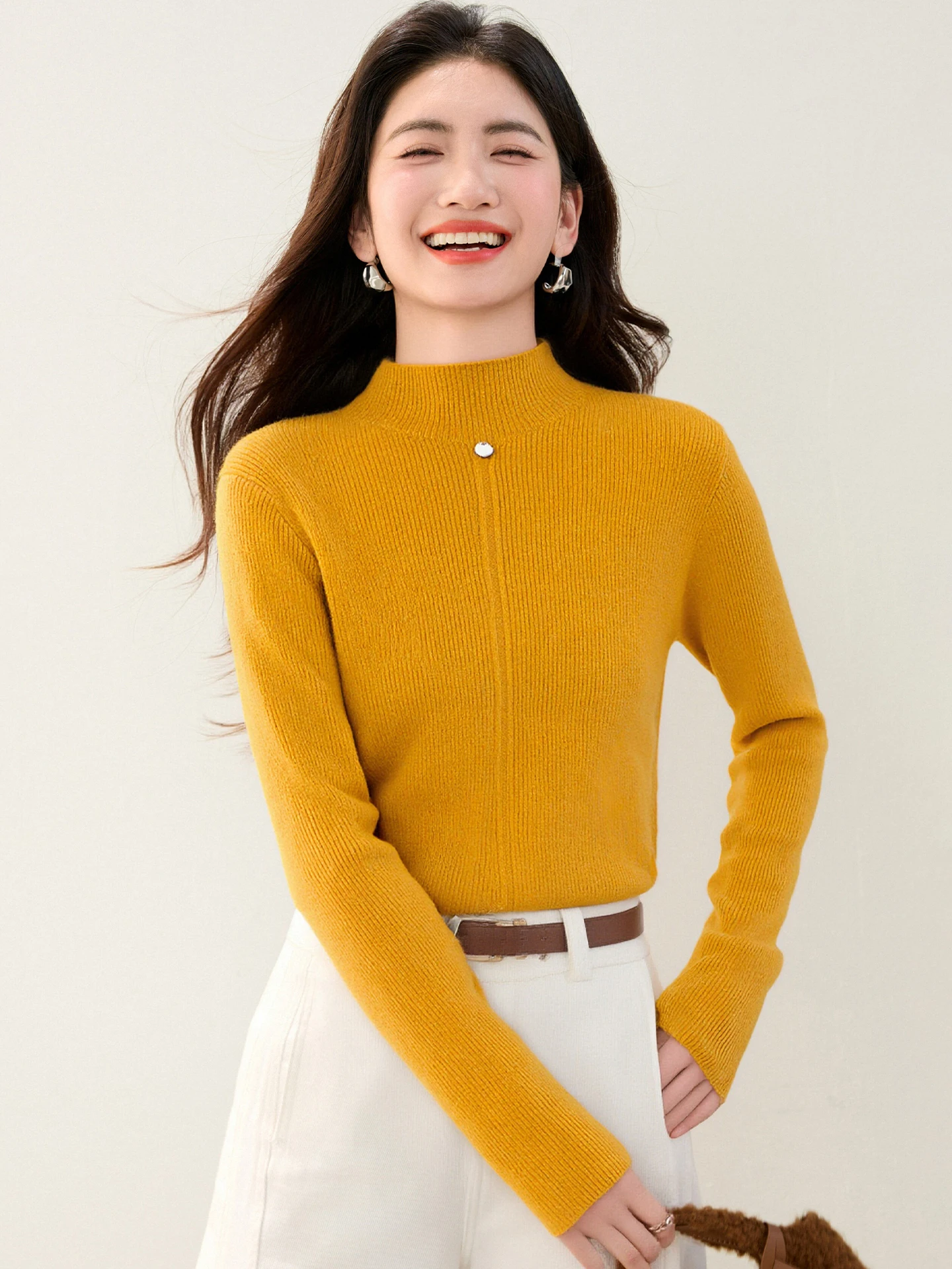 

2025 вязаный свитер с полувысоким воротником и длинными рукавами, осенне-зимний пуловер, облегающий и утягивающий однотонный внутренний топ