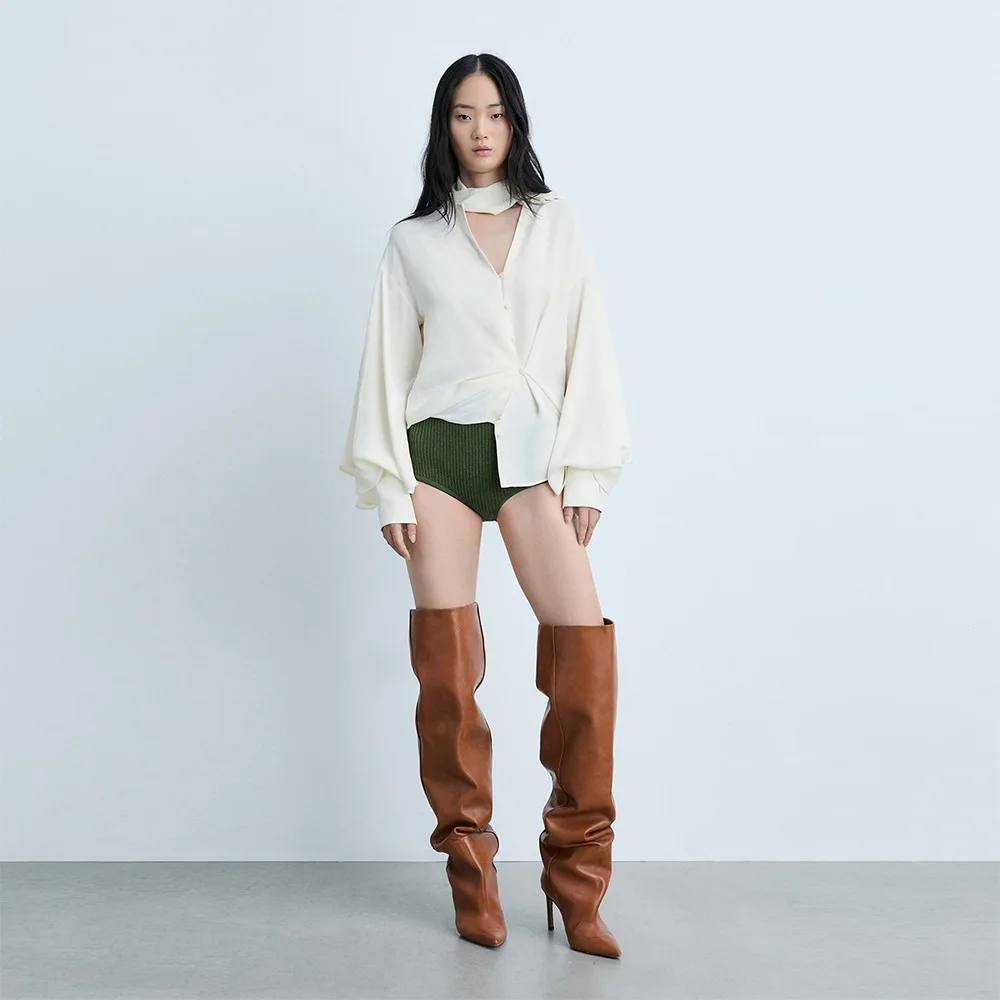 2026 Knee-High Women's Shoes Pointed Tapered Heel Pleated Pile Boots Sleek 46 Large Size High Heel Knee Boots Women's High Boot