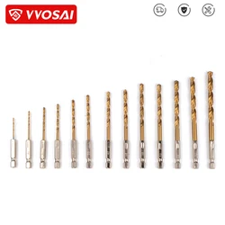 VVOSAI 13 pz/set HSS Set di punte da trapano rivestite in titanio in acciaio ad alta velocità 1/4 codolo esagonale 1.5-6.5mm punta elicoidale per trapano elettrico