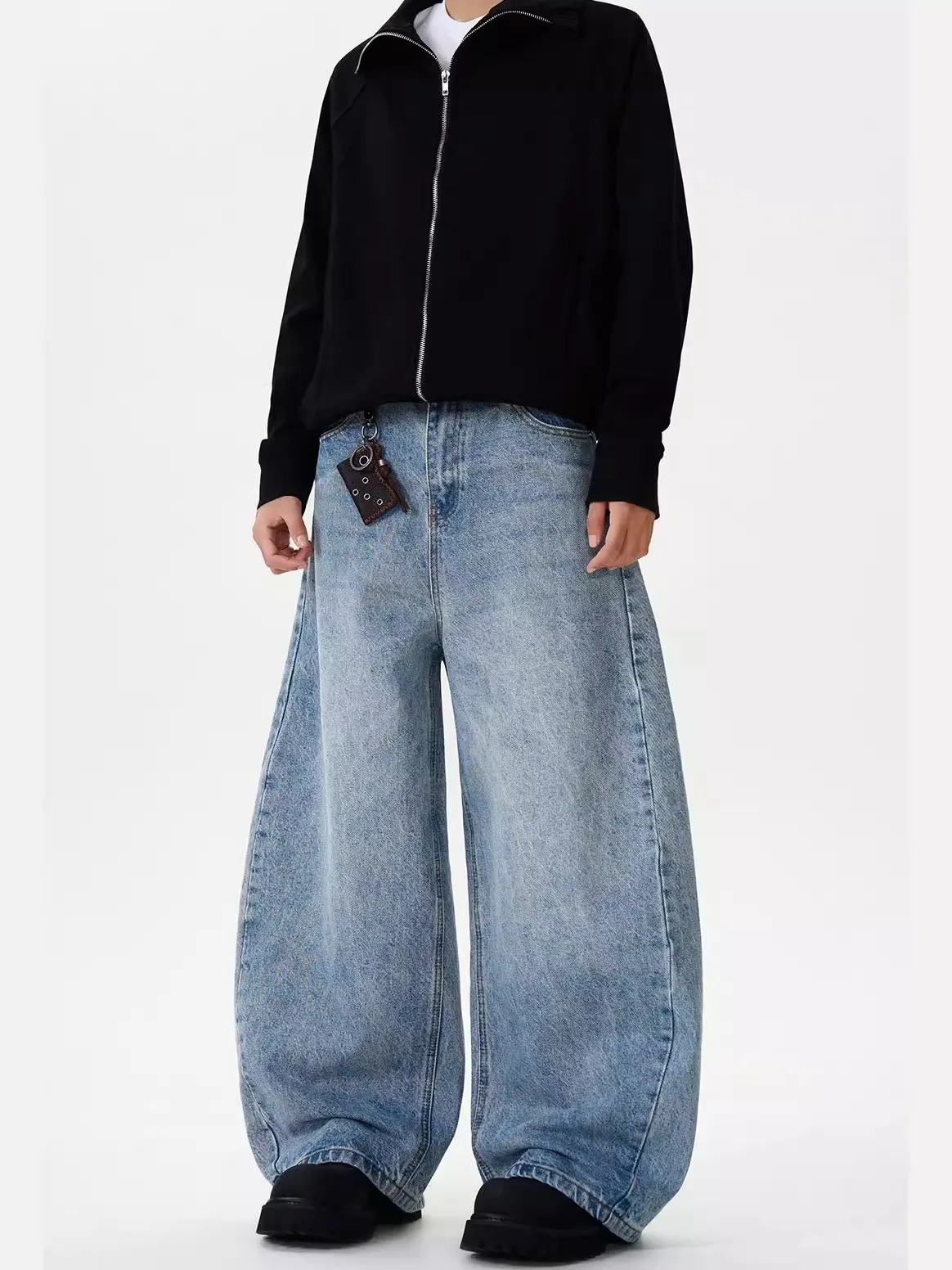 American Retro Washed Blue Wide Leg Knife  Jeans Men Basic Loose Silhouette Slimming Casual Long Pants