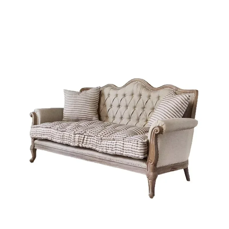American carved retro simple solid wood sofa, bedroom linen cloth art buckle leisure sofa
