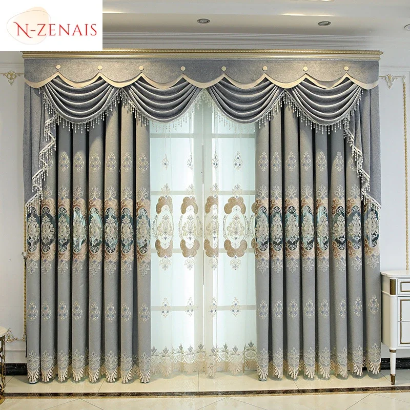 European Embroidered Grey Hollow Luxury Curtains for Living Room Bedroom Dining Villa Partition Blackout Tulle Valance Window