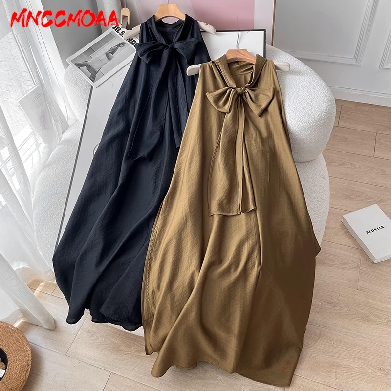 Dress 2024 Summer Women Fashion Halter Sleeveless Female Solid Color Casaul Loose Midi Dresses