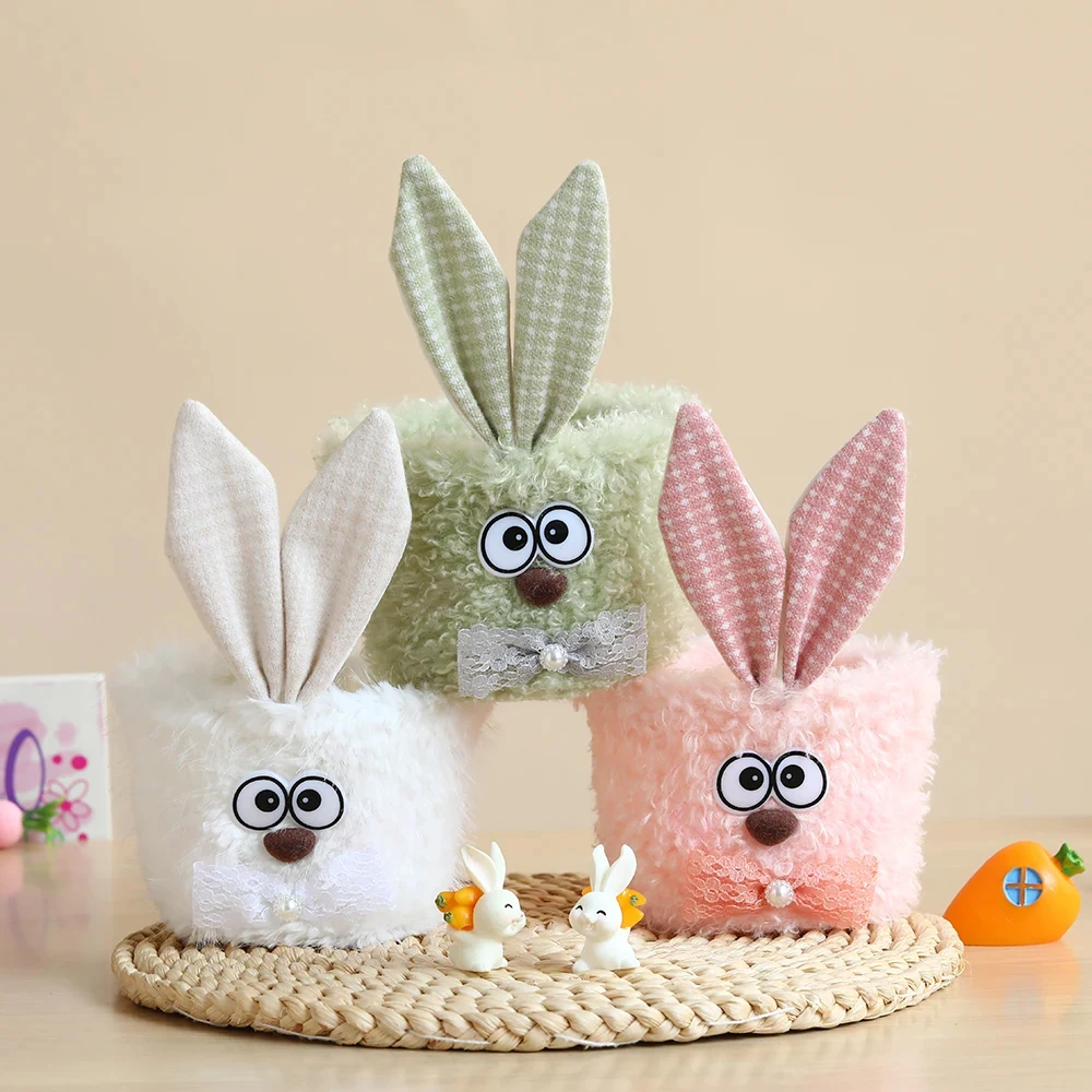 

Easter Basket Plush Cute Bunny Ears Cartoon Empty Bowls Easter Egg Hunting Candy Bucket Easter Party Home Decor Kids Gifts 2024