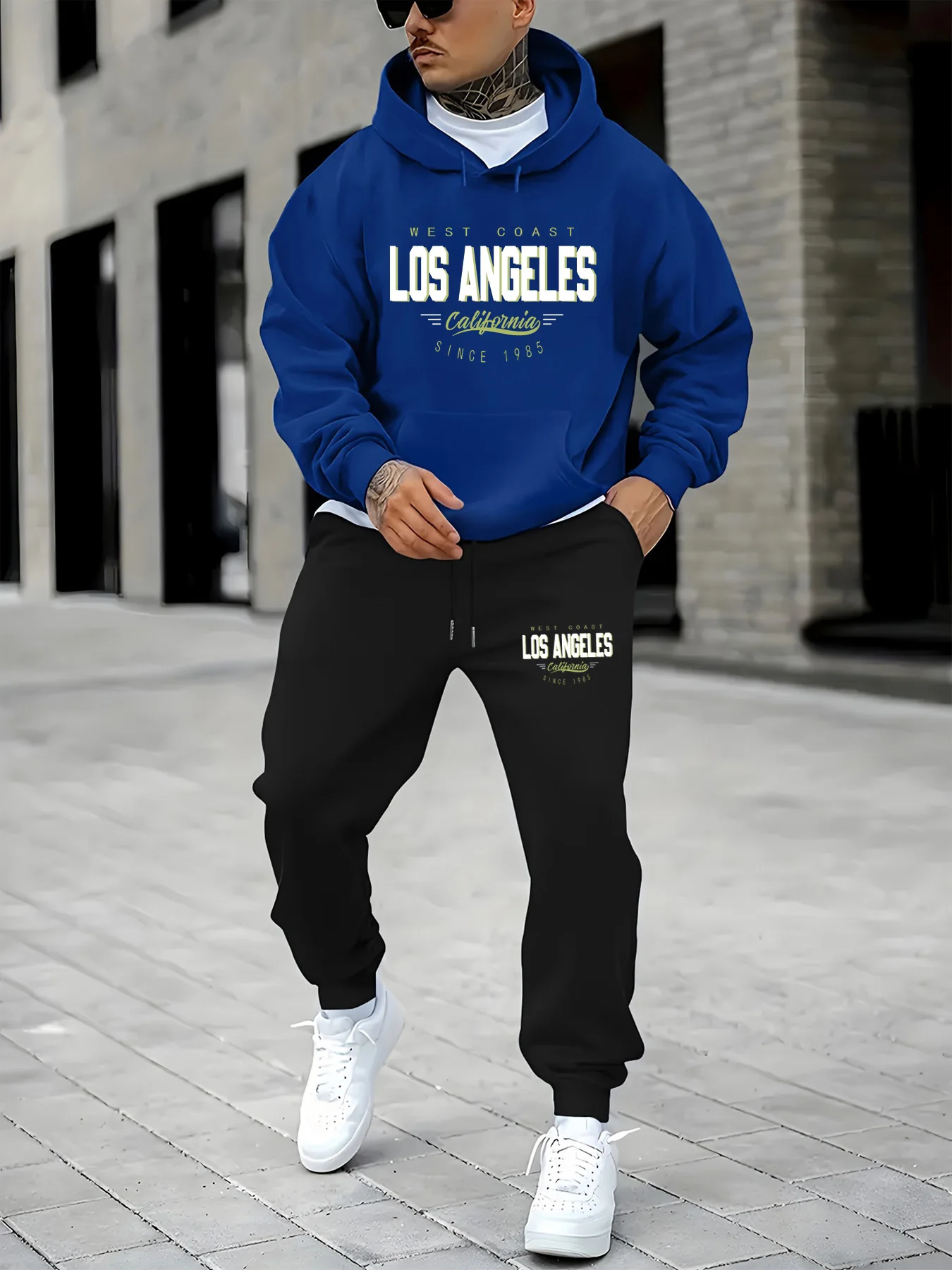 Ensemble sweat à capuche et pantalon de survêtement pour hommes, décontracté, chaud, Los Angeles, californie, côte ouest, imprimé, ample et peluche, automne et hiver
