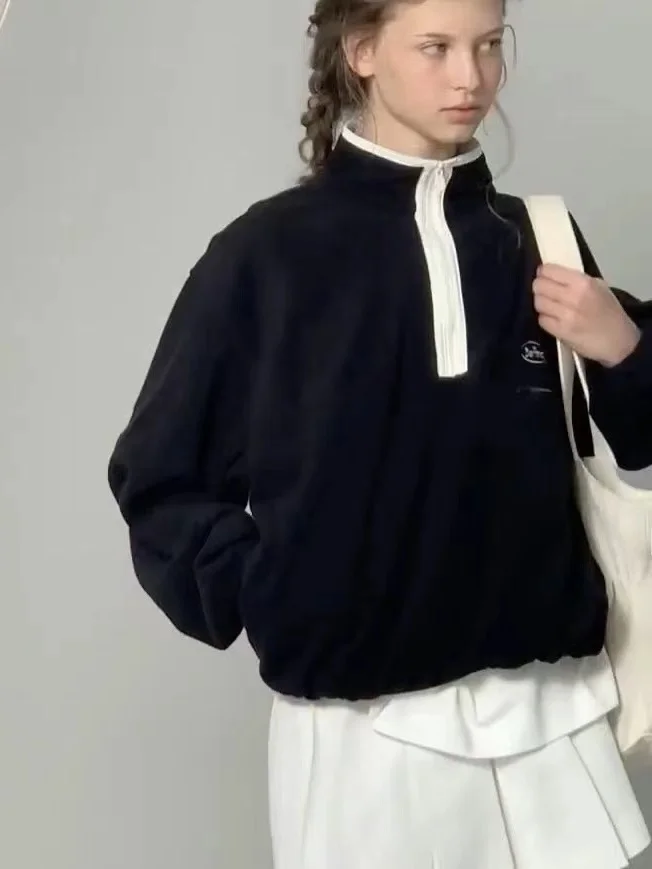 Korean Sle Thebarnnet Women's Sweatirt Letter Embroidery f Zipper Fce Jaet Sweet Sle Loose Fit Regular Length