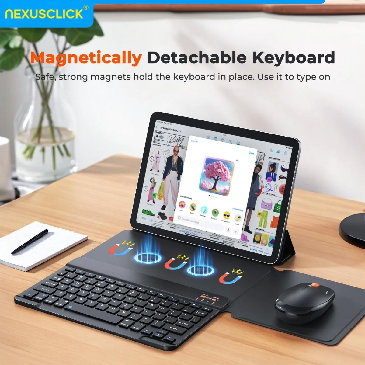 NexusClick Bluetooth Keyboard Mouse Combo for iPad,Slim Multi-System Magnetic Foldable Case Silent,Type-C Fast Charge 3 DPI Mice