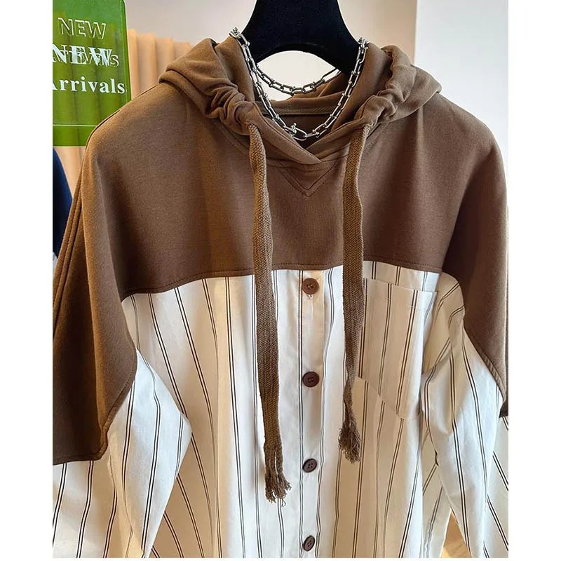 

Unique Design Striped Stitching Shirt Women's Spring Autumn Loose Fake Two-Piece Hooded Fashion Casual Shirt Single-Breasted Top
