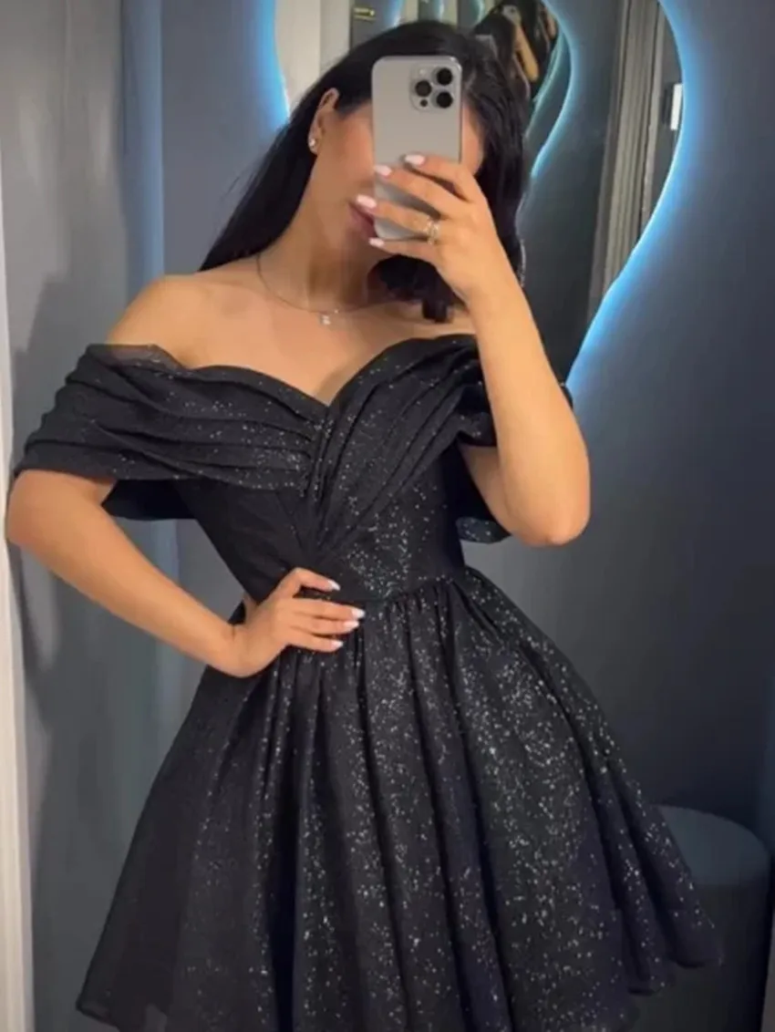Customized Shinny Short Prom Dresses Off The Shoulder Tight Corset Sweetheart Birthday Party Dress Glitter Tulle Evening Dress image 3