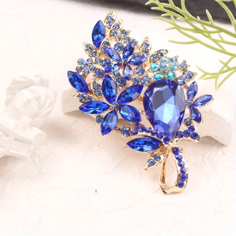 Opulent Sapphire Blue Floral Brooch, Crystal & Gold Luxe Elegant Fashion Accessory