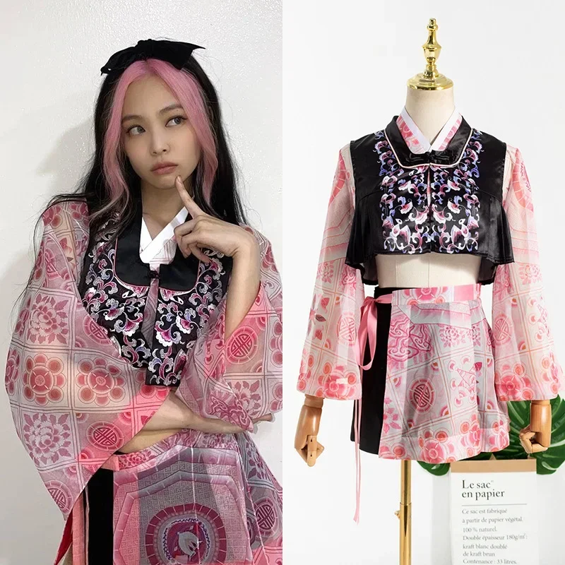 Mn1 kpop estrela coreana jennie moda sexy cardigan colete camisa de manga comprida blusa tops + shorts pretos finos rosa mini saia feminina 8/yg