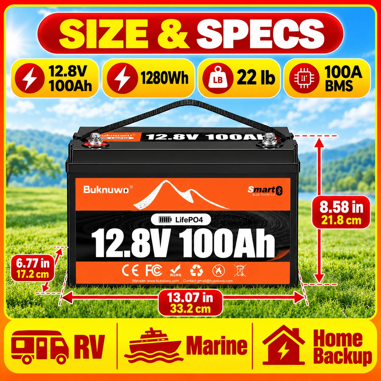 BUKNUWO 12.8V 100Ah Bluetooth 5.0 LiFePO4 Battery 1280Wh iOS Android App Connected Deep Cycle Lithium Pack with 100A Smart BMS for RV Solar Overlanding